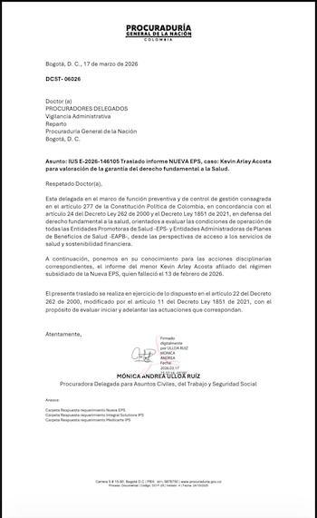 En el documento, la Procuraduría señala la necesidad de establecer si se presentó una “interrupción injustificada” del tratamiento del menor y si esta situación pudo generar un riesgo vital que posteriormente se materializó - crédito @WilsonRuizO/X
