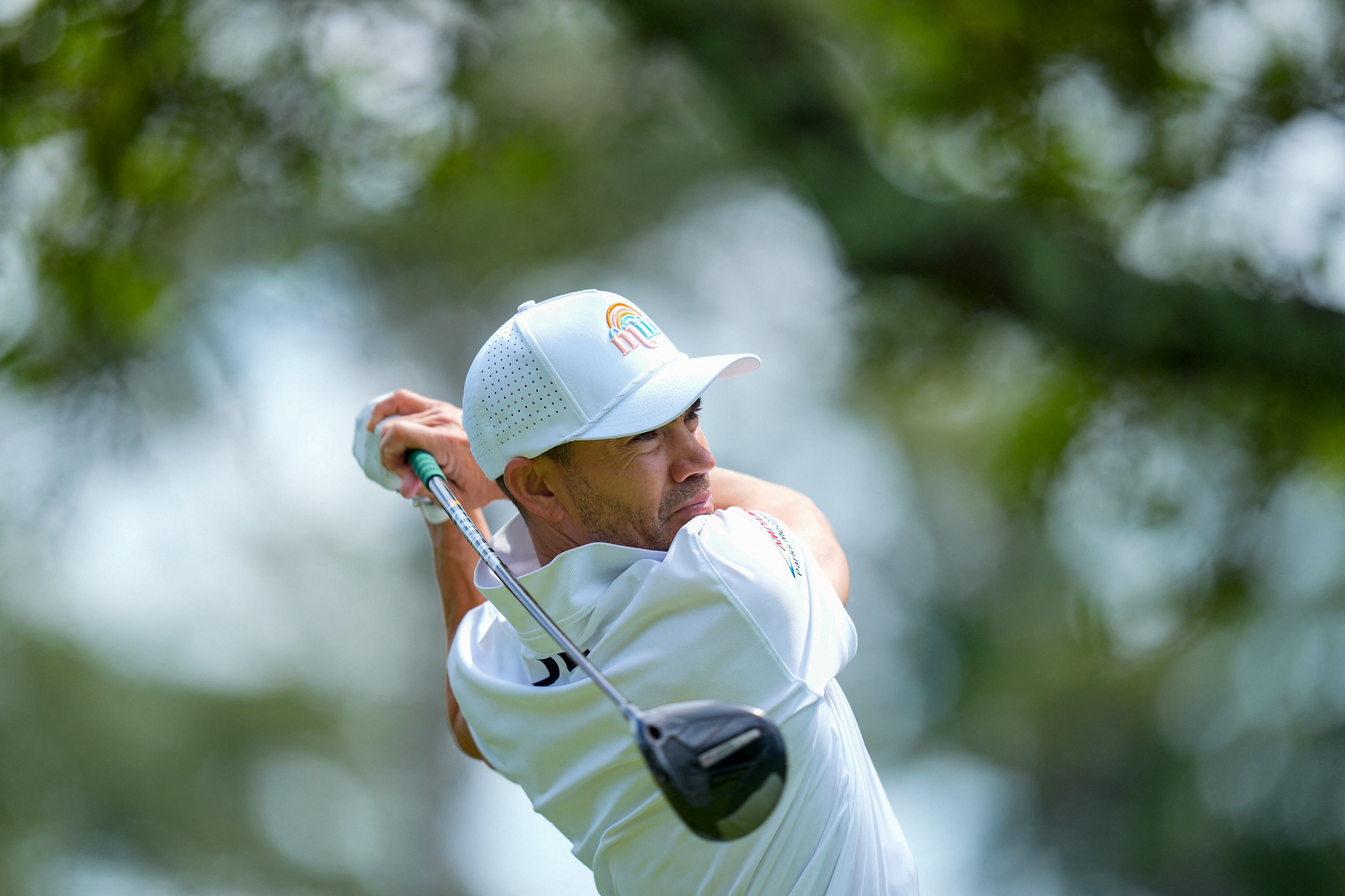 May 9, 2025; Myrtle Beach, South Carolina, USA; Camilo Villegas makes a tee shot on eight during the second round of the Myrtle Beach Classic golf tournament. Mandatory Credit: Jim Dedmon-Imagn Images