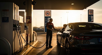 Estación de servicio con un empleado surtiendo combustible a un coche oscuro. Bombas de gasolina, un cartel de precios y un segundo coche al fondo.