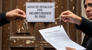 Dos manos, una entregando llaves y otra sosteniendo un contrato, frente a una puerta de madera con un cartel de "AVISO DE DESALOJO POR INCUMPLIMIENTO DE PAGO"