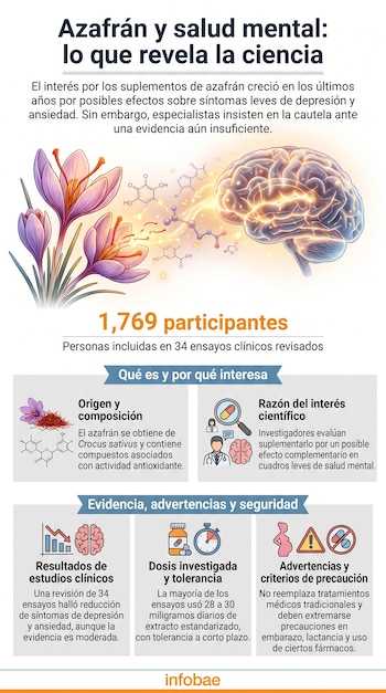 Infografía con flores de azafrán, estructuras moleculares y una ilustración de un cerebro luminoso. El texto resume estudios sobre azafrán y salud mental.
