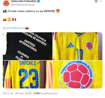 Camiseta amarilla, pantaloneta azul y medias rojas para la selección Colombia en el partido contra Francia - crédito FCF