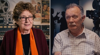 Díptico con una mujer madura de anteojos y bufanda naranja a la izquierda, y un hombre con bigote ante una cámara de cine a la derecha.