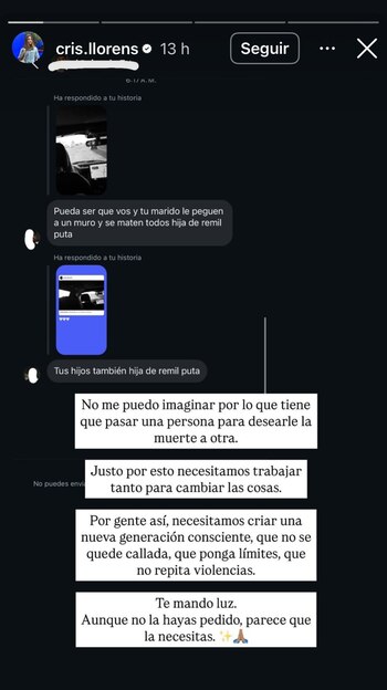 La esposa de Sergio Canales dio a conocer un desafortunado mensaje en redes sociales. (Captura de pantalla, Instagram/Cris Llorens)