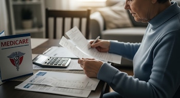 Una mujer adulta mayor de perfil revisa documentos y facturas en una mesa de madera. Hay un folleto de Medicare, una calculadora y papeles apilados.