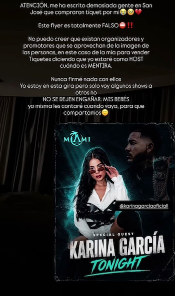La influenciadora pidió a sus seguidores no dejarse engañar por promotores fraudulentos y recalcó que ella avisará personalmente sus presentaciones reales - crédito @karinagarciaoficiall/Instagram