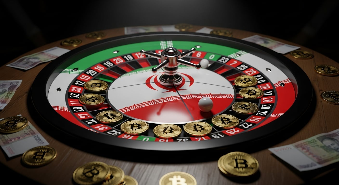 Una ruleta con los colores de la bandera de Irán y fichas de bitcoin indica el fenómeno de las apuestas ilícitas en el país. (Imagen Ilustrativa Infobae)