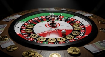 Ruleta con bandera de Irán, una bola, fichas de bitcoin doradas y billetes iraníes sobre una mesa de madera oscura.
