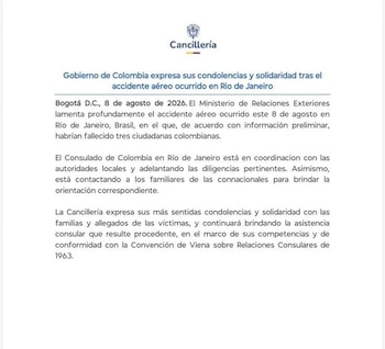 La Cancillería lamentó la muerte de colombianas en Brasil - crédito Cancillería/X