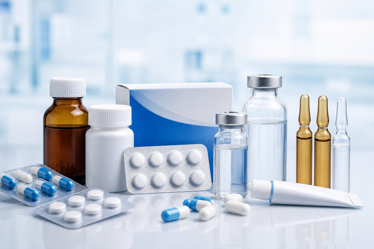 Diversos envases de laboratorios farmacéuticos que incluyen frascos, comprimidos, cápsulas, viales y ampollas se exhiben sobre una superficie reflectante. (Imagen Ilustrativa Infobae)