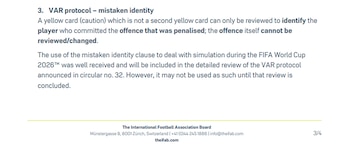 Documento de texto con título '3. VAR protocol – mistaken identity', texto sobre reglamento, nombre de IFAB, dirección, contactos y pie de página 3/4