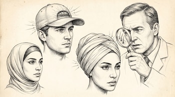 Ilustración en blanco y negro de un hombre con gorra y dos mujeres con hijab y turbante, junto a un dermatólogo examinando el cabello con lupa.