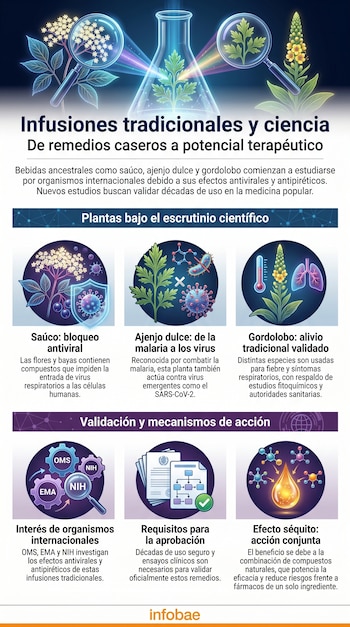 Infografía con ilustraciones de plantas como saúco, ajenjo dulce y gordolobo, junto a microscopios, matraces de laboratorio y símbolos de virus.