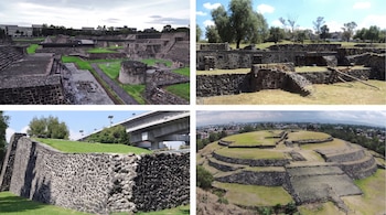 Composición de cuatro imágenes con ruinas arqueológicas de piedra, pirámides escalonadas y circulares, muros, césped, árboles, edificios y un puente elevado.