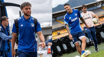 Sebastián Valencia y Rodrigo Contreras protagonizaron la bochornosa pelea que terminó en tarjeta amarilla para el argentino - crédito Millonarios