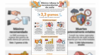 Infografía con ilustraciones de alimentos, un mapa de México, gráficos con cifras sobre el consumo de sodio y recuadros de texto informativos.