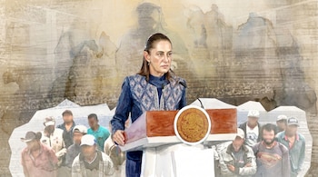 Una ilustración de Claudia Sheinbaum en un podio, con el escudo de México, y un fondo de acuarela sepia con hombres borrosos que representan a la gente.
