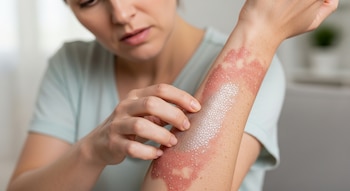 Primer plano de una mujer rascándose el antebrazo con una erupción cutánea roja y escamosa, que cubre una parte significativa de su piel.