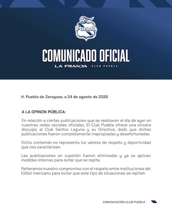 Un documento digital azul y blanco con el escudo del Club Puebla, el título Comunicado Oficial y un texto dirigido a la opinión pública