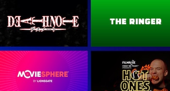 Composición de cuatro cuadrantes que contiene los logotipos de Death Note, The Ringer, MovieSphere y el programa de internet Hot Ones
