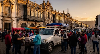 Calle empedrada de centro histórico con edificios coloniales y balcones al atardecer. Una camioneta pickup blanca es rodeada por una gran multitud de personas.