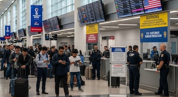 Interior de aeropuerto moderno con viajeros en fila para control migratorio. Se ven agentes de CBP, carteles del Mundial 2026 y señales de advertencia.