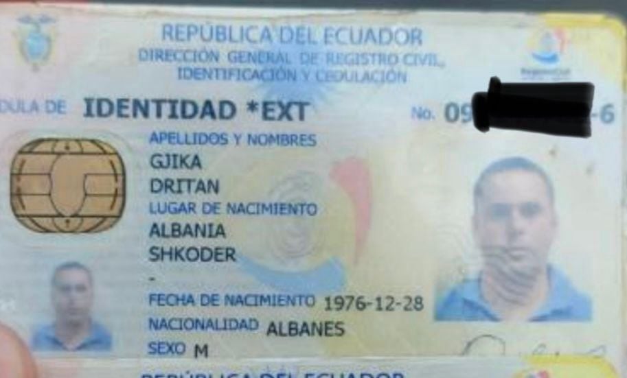 Dritan Gjika vivía en Ecuador desde el 2009. Esta es su identificación ecuatoriana. (Balkanweb)