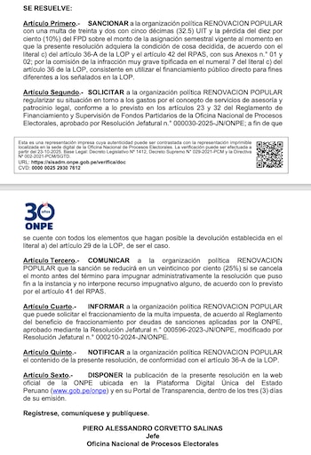 ONPE sanciona a Renovación Popular