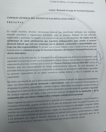 La funcionaria envía un oficio al Consejo General, fechado el 8 de septiembre de 2026, en el que cita motivos de salud y fija efectos inmediatos a partir del día siguiente