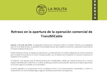 La Operadora Distrital de Transporte La Rolita informó que una novedad técnica impidió el inicio de la operación comercial de TransMiCable en su horario habitual de 4:30 a. m - crédito Prensa La Rolita