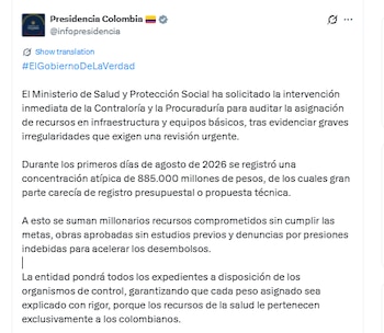 El Ministerio de Salud reportó que entre el 1 y el 6 de agosto de 2026 se aprobaron recursos por $ 885 mil millones - crédito Ministerio de Salud - @infopresisidencia/X