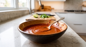 Un tazón de cerámica con adobo rojo y una cuchara en su interior reposa sobre una encimera de cocina clara.