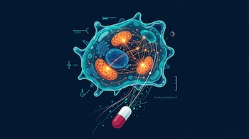 Ilustración de una célula azul con mitocondrias naranjas conectada mediante líneas de luz a una cápsula médica roja y blanca