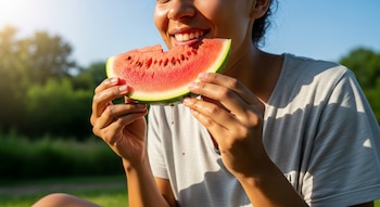 Primer plano de una persona sonriente mordiendo una rebanada de sandía roja y jugosa al aire libre, con gotas de líquido cayendo y un fondo de vegetación.