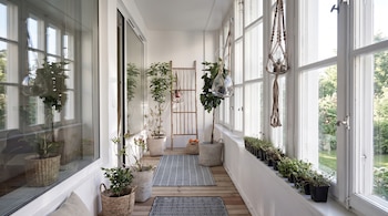 Un balcón interior con grandes ventanales y puerta corredera de cristal. Se observan plantas en macetas y colgantes, cestas, dos alfombras y una escalera de madera.
