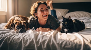 Una mujer sonriente boca abajo en una cama entre un perro bóxer atigrado y un gato negro con una mancha blanca en el pecho.