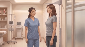 Dos mujeres, una enfermera y una paciente, se encuentran en un consultorio médico. La paciente se mide la altura con un estadiómetro.
