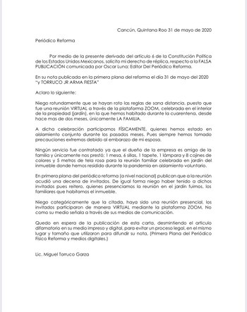 El funcionario publicó una carta, en la que solicitó su derecho de réplica (Foto: Twitter/ @MiguelTorrucoG)