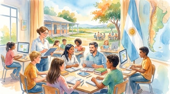 Acuarela de aula. Se observan doce personas entre docentes y estudiantes, escritorios, computadoras, tabletas, libros, una bandera y un mapa de Argentina.