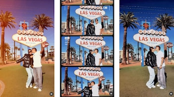 Paolo Hurtado y Rosa Fuentes se besan frente al letrero 'Welcome to Fabulous Las Vegas' bajo un cielo azul, rodeados de palmeras en un día soleado