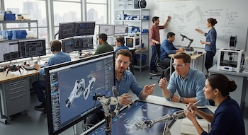 Un grupo diverso de ingenieros y diseñadores trabaja en un laboratorio tecnológico. Se ven computadoras con diseños CAD, brazos robóticos y una impresora 3D en funcionamiento.