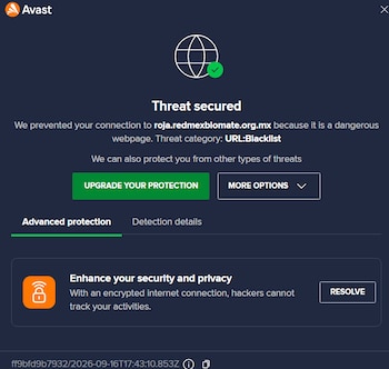 Captura de pantalla de una alerta de Avast que indica el bloqueo del sitio web roja.redmexblomate.org.mx por seguridad