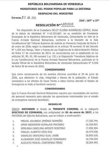Documento oficial con membrete del Ministerio de Defensa de Venezuela, texto impreso en español que detalla una resolución de ascensos militares con una lista de nombres