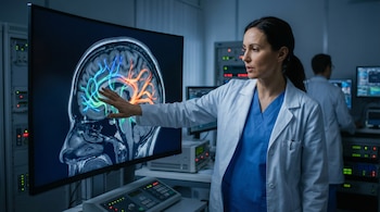 Una mujer en bata de laboratorio señala un monitor grande que muestra una resonancia magnética funcional de un cerebro con vías neuronales de colores.