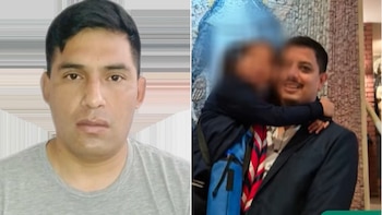 Retrato de un hombre en camiseta gris junto a otro retrato del mismo hombre sonriendo con un niño borroso en brazos, vestido con traje y corbata