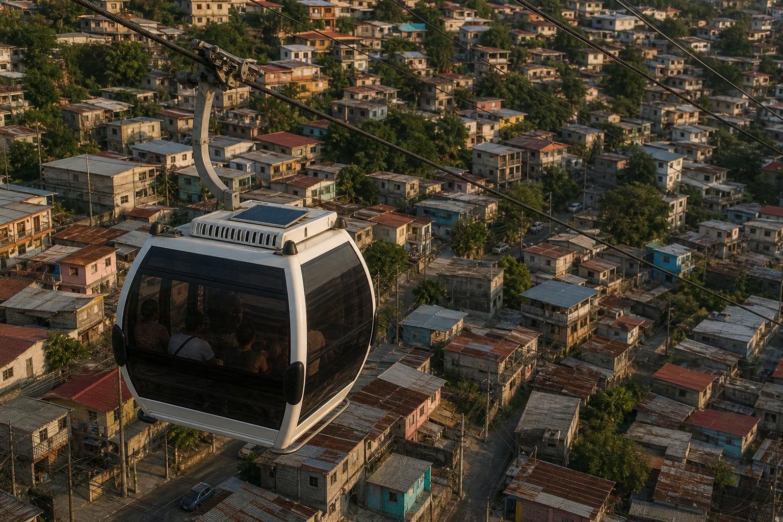 Una cabina de teleférico transporta pasajeros sobre un barrio residencial en San Miguelito, Panamá. (Imagen Ilustrativa Infobae)