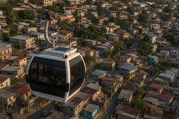 Cabina blanca de teleférico con pasajeros suspendida de cables sobre un vecindario de casas agrupadas en una colina.