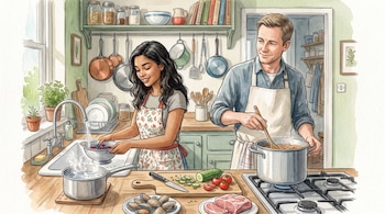 Un hombre y una mujer en una cocina, él revuelve una olla, ella lava bayas en un fregadero. Hay mariscos, carne, vegetales y utensilios.