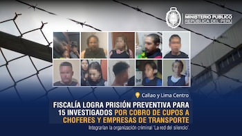 Diez retratos de personas con rostros pixelados sobre un fondo de malla ciclónica y alambre de púas, con el logo del Ministerio Público del Perú y texto