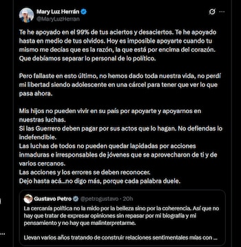 Mary Luz Herrán afirmó que el caso de Juliana Guerrero y su hermana mancha la gestión del gobierno de Gustavo Petro - crédito X
